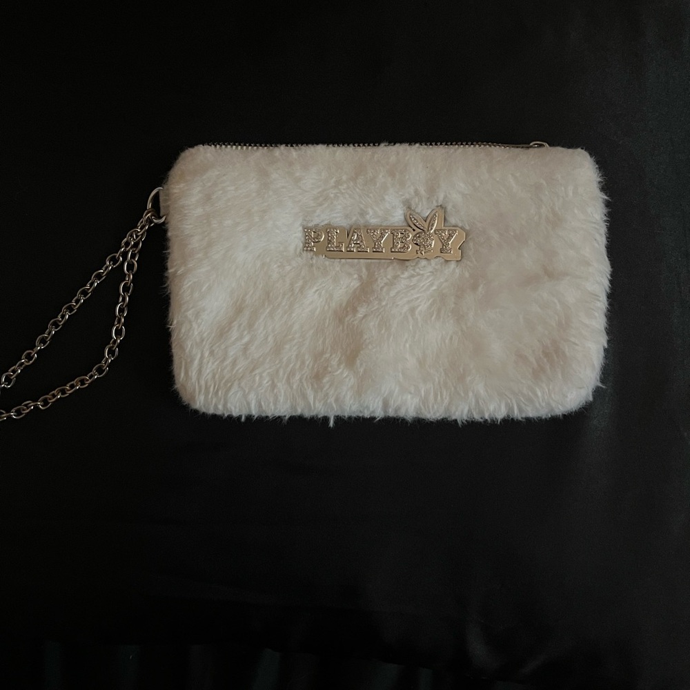 PLAYBOY white Faux Fur Wristlet